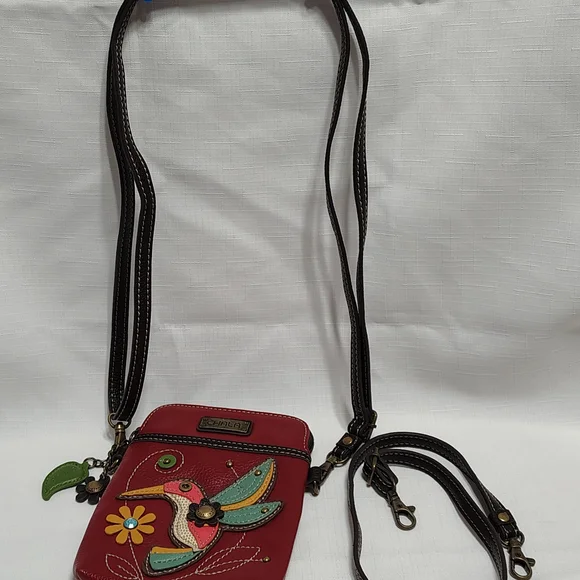 Chala Red Leather Crossbody Bag with Hummingbird Applique - Picture 3 of 9